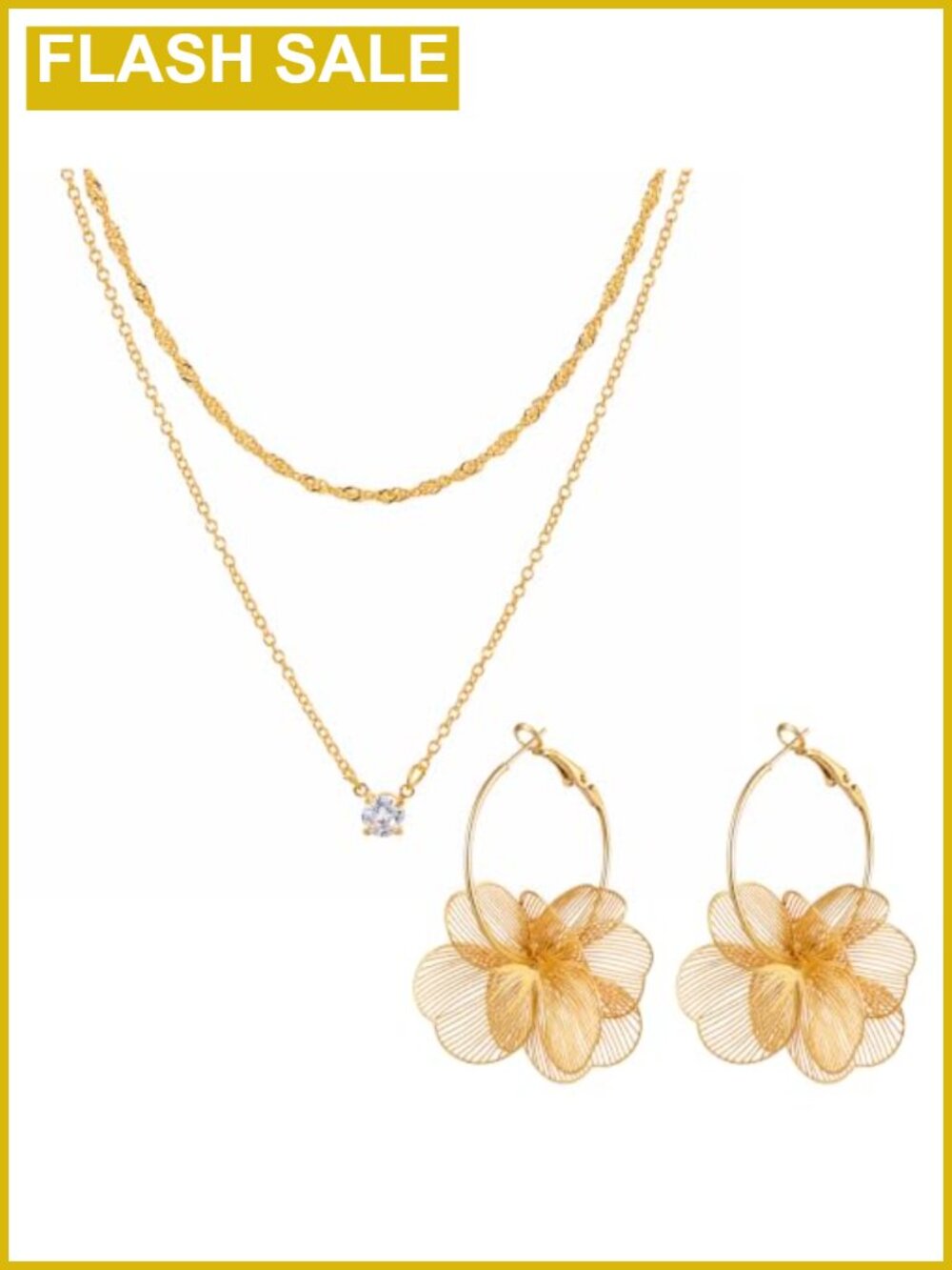 Wire Mesh Flower Hoop Earrings & CZ Pendant Necklace Set